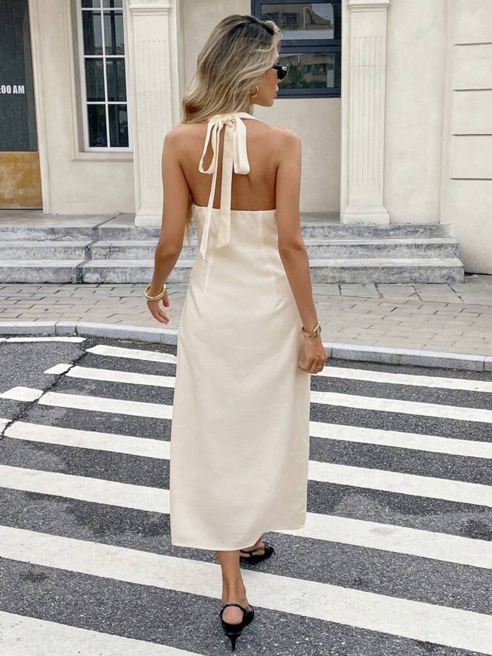 SHEIN Cream Halter Midi Dress Gold Button Detail Open Back Size M NWOT - Picture 2 of 12